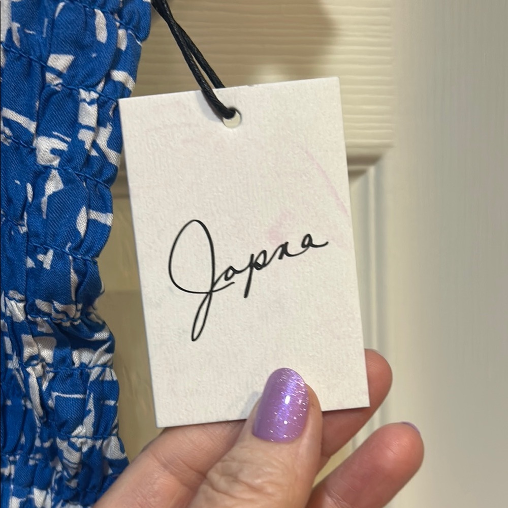 Japna Blue and White Smocked Ruffle Blouse - Picture 7 of 9